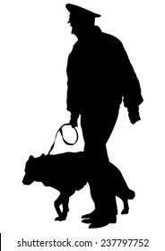 Silhouettes of man with a dog on a leash on a white background