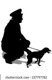 Silhouettes of man with a dog on a leash on a white background