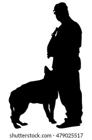 Silhouettes of man with a dog on a leash on a white background