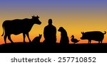 Silhouettes of man with many animals