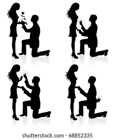 Silhouettes of a man proposing to a woman while standing on one knee.