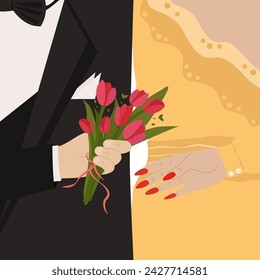 Silhouettes of a man in a suit and a woman in a dress. A man's hand passes a bouquet of tulips to a woman's hand. A hand holds a bouquet of red tulips. Florist. Postcard for March 8