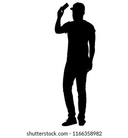 Silhouettes man taking selfie with smartphone on white background