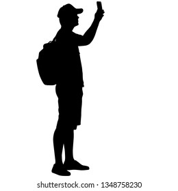 Silhouettes man taking selfie with smartphone on white background.