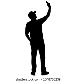 Silhouettes man taking selfie with smartphone on white background.