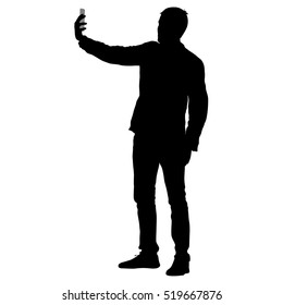 Silhouettes man taking selfie with smartphone on white background. Vector illustration.