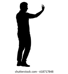 Silhouettes man taking selfie with smartphone on white background.