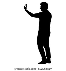 Silhouettes man taking selfie with smartphone on white background.