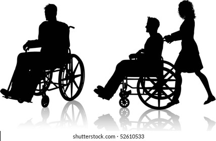 Silhouettes of man in wheelchair with woman pushing him