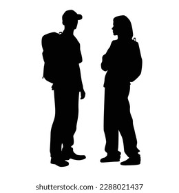 Silhouettes of man and woman with backpack people traveling, couple profile, black color isolated on white background
