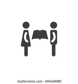 Silhouettes of man and woman  with big book. Smart couple simple icon. Isolated on white. Education pictogram. 