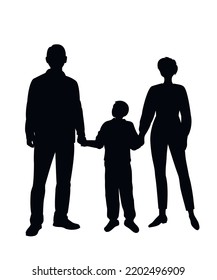 Silhouettes Man, Woman, Boy. Father, Mother And Son Are Holding Hands. Family Vector Illustration Isolated On White Background.