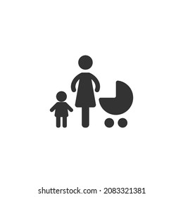 Silhouettes of man and woman  with child and  with pram, baby stroller or baby carriage.. Love family simple icon. Isolated on white. Romantic pictogram. 