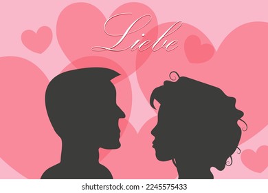 Silhouettes of a man and a woman, a couple in love on a background of pink hearts with the inscription in German "Love" (Liebe)