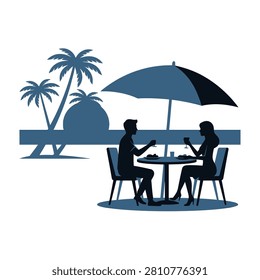 Silhouettes of a man and woman dining at a table with an umbrella providing shade, suggesting a romantic or leisurely outdoor experience.