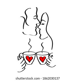 Silhouettes of man and woman during coffee time. Coffee time concept. Cups with red hearts in hands. Vector illustration