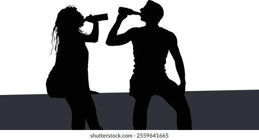 Silhouettes of a man and woman enjoying drinks with a city skyline backdrop, creating an upbeat and relaxed vibe.