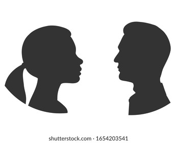 Silhouettes of man and woman face to face. Outlines of people in profile. Vector illustration