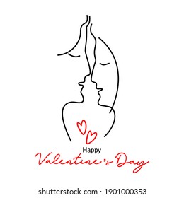 Silhouettes of man and woman faces. Line art faces. The invitation to the wedding. Valentine's day greeting card. Text