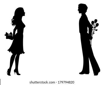 Silhouettes of man and woman with gifts