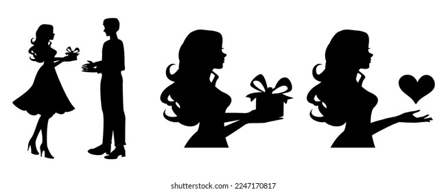 Silhouettes of man and woman with gifts. A woman hold a gift and heart for a man.Black and White image. For cut out.