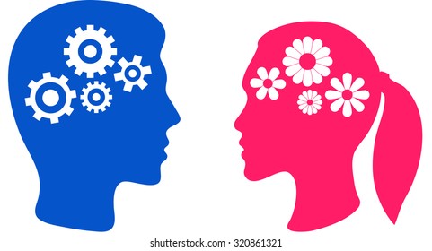 silhouettes of man and woman head with gears isolated