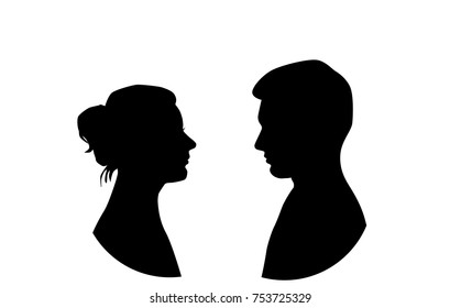 Silhouettes of man and woman, head, profile, vector, black color, isolated on white background