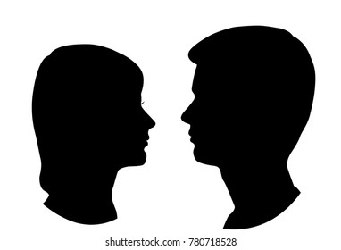 Silhouettes Of Man And Woman, Head, Profile, Vector, Black Color, Isolated On White Background