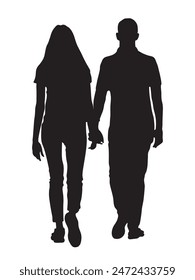 Silhouettes of man and woman holding hands and walking away. Rear view. Black vector illustration isolated on white background.