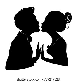 Silhouettes of man and woman merge into kiss for Valentines Day. Silhouettes of loving couple. Illustration for invitation, greeting card and different design project