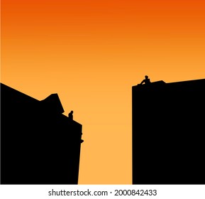 Silhouettes of man and woman on apartment building human at night, quarantine period covid-19 pandemic vector concept. Social isolation during coronavirus pandemic. Stay home.