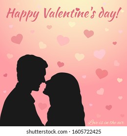 Silhouettes of man and woman on a beautiful background with hearts in red and orange shades hearts. Happy Valentine's Day! Romantic backdrop. Scenery for the holiday of love. Vector illustration