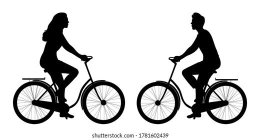 Silhouettes of a man and a woman on a bicycle isolated on a white background. Sports and outdoor activities. Healthy lifestyle. Vector illustration