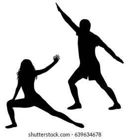 Silhouettes of man and woman practicing yoga on white background