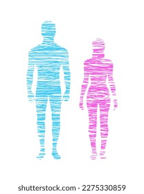 The silhouettes of a man and a woman are shaded. Pink and blue. 