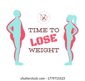 Silhouettes of man and woman show process of losing weight. Slimming stages. Progress fitness and diet. Process of losing weight. Man and woman before and after slimming. Stages of weight loss. EPS8