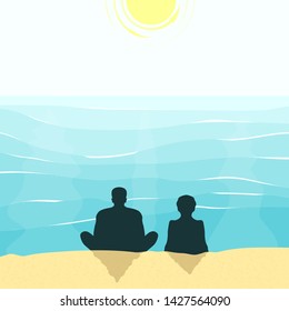 Silhouettes of a man and a woman sitting on a beach and enjoing the view of ocean. There is a sky, sun, sea waves and sand. Mood of summer, vacation, rest and peaceful. Can be used for posters.