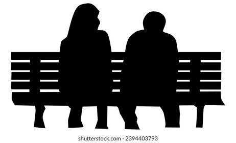 Silhouettes of man and a woman sitting on bench isolated on white background. Vector clipart.