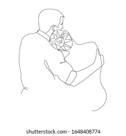 Silhouettes of man and woman are sitting with their backs and hugging one line drawing on white isolated background. Vector illustration 