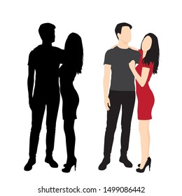 Silhouettes of man and woman standing, cartoon character, couple business people, vector illustration, flat designe icon, isolated on white background