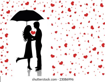 Silhouettes of man and woman standing and hugging. Man holding an umbrella. Raining hearts.