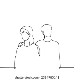 silhouettes of man and woman standing next to each other but not looking at each other, man's hand on woman's collarbone - one line art vector. concept looking in different directions, metaphor