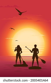 Siluetas de hombre y mujer sobre una tabla de remo con un remo sobre el fondo del sol poniéndose. Hermosa temporada de verano. Ilustración del vector