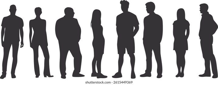 Silhouettes of a man and woman standing in a row as part of a diverse group representing family, business, and teamwork