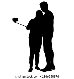Silhouettes man and woman taking selfie with smartphone on white background