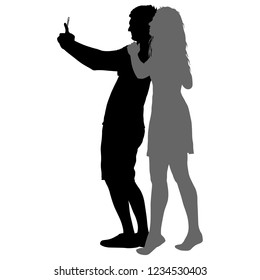 Silhouettes man and woman taking selfie with smartphone on white background