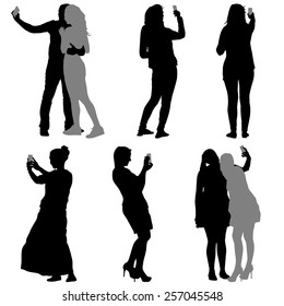 Silhouettes  man and woman taking selfie with smartphone on white background. Vector illustration.