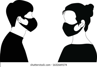 Silhouettes of man and woman wearing dust masks , Personal protective equipment. black color isolated on white background.
People template of sticker or icon for protect from air pollution. - vector