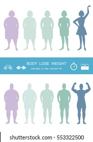 Silhouettes of man and women losing weight ,infographics, lose weight, Vector illustrations