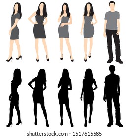 Silhouettes of man and women standing, cartoon character, group business people, vector illustration, flat designe icon, isolated on white background